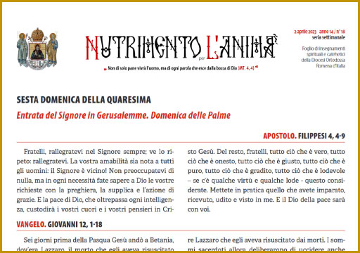 Al momento stai visualizzando Nutrimento per l’Anima – SESTA DOMENICA DELLA QUARESIMA – Entrata del Signore in Gerusalemme. Domenica delle Palme